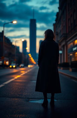 A striking image of a person, dressed in a flowing long coat, standing alone on a deserted street at dusk, with their back turned as they look over their shoulder
