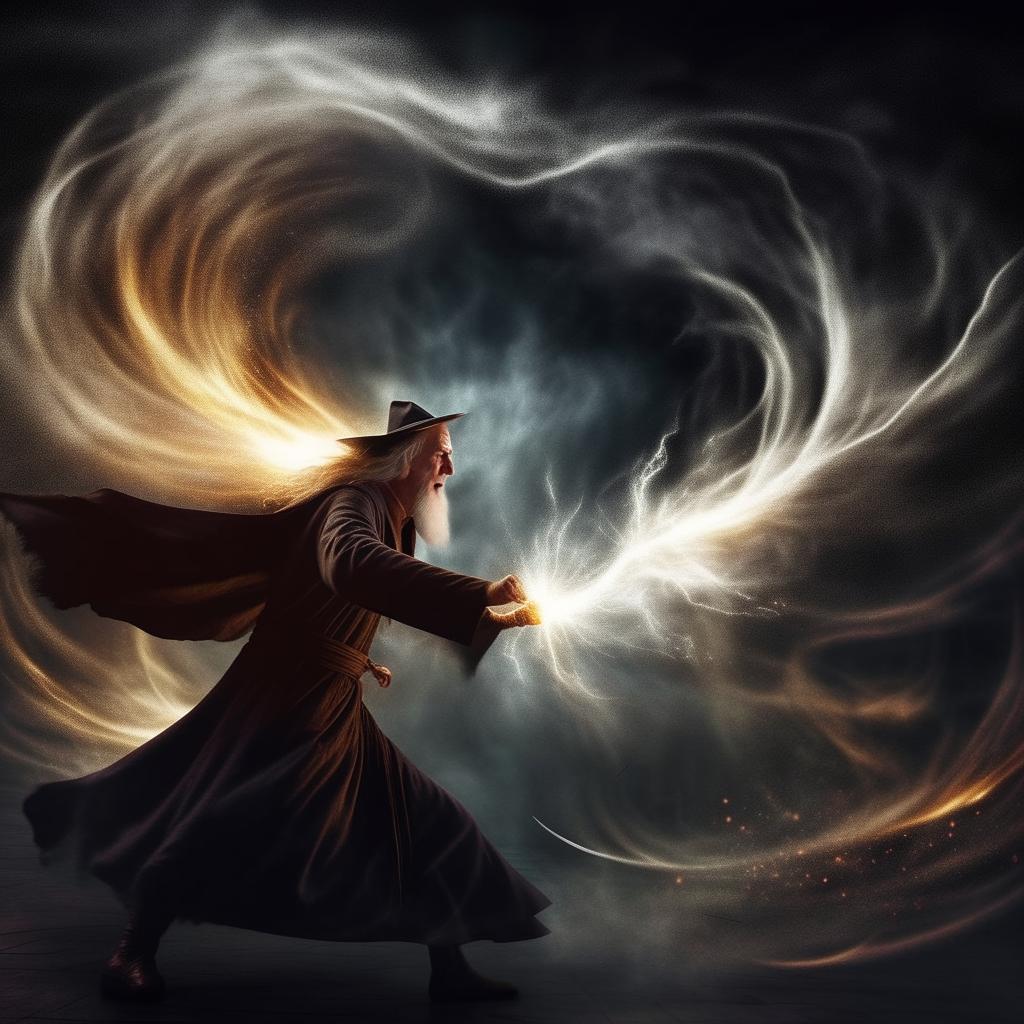 In a tension-charged display, Albus Dumbledore and Gandalf are physically fighting each other with their magical staffs amidst a whirlwind of energy and forceful action.