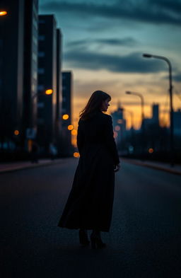 A striking image of a person, dressed in a flowing long coat, standing alone on a deserted street at dusk, with their back turned as they look over their shoulder