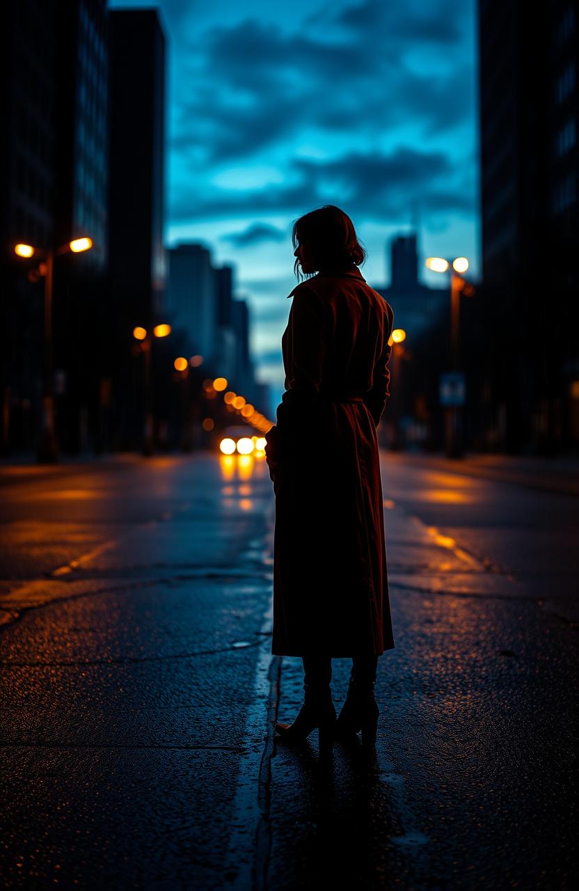 A striking image of a person, dressed in a flowing long coat, standing alone on a deserted street at dusk, with their back turned as they look over their shoulder