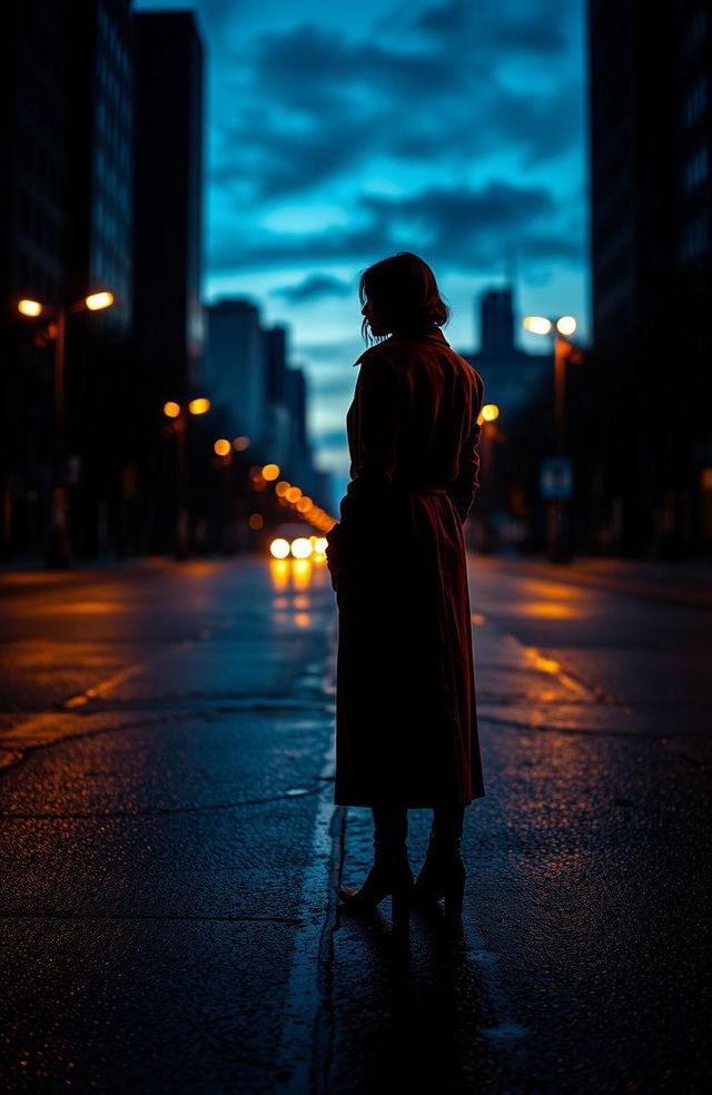 A striking image of a person, dressed in a flowing long coat, standing alone on a deserted street at dusk, with their back turned as they look over their shoulder