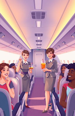A visually stunning illustration depicting the theme of air hospitality, showing flight attendants exemplifying kindness and professionalism in an airplane setting