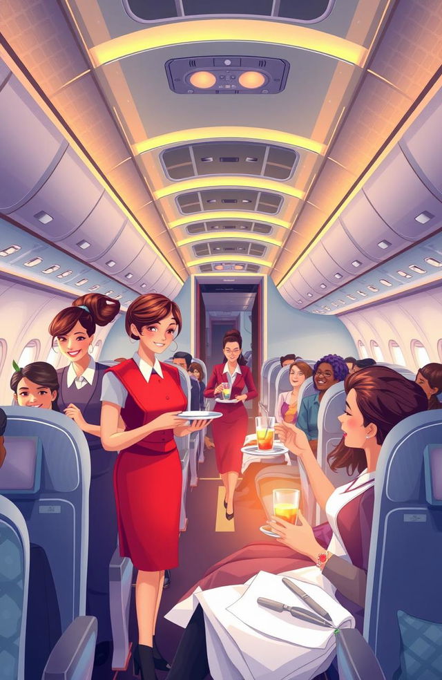 A visually stunning illustration depicting the theme of air hospitality, showing flight attendants exemplifying kindness and professionalism in an airplane setting