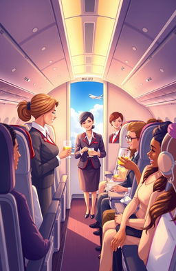 A visually stunning illustration depicting the theme of air hospitality, showing flight attendants exemplifying kindness and professionalism in an airplane setting