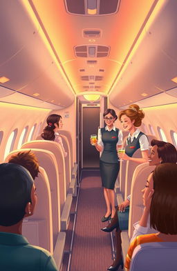 A visually stunning illustration depicting the theme of air hospitality, showing flight attendants exemplifying kindness and professionalism in an airplane setting