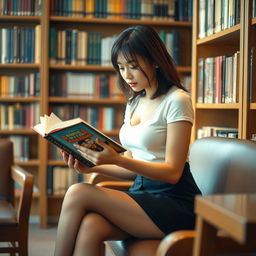 A beautiful Asian woman in a short skirt and stylish stockings, sitting in a cozy library, deeply immersed in reading a book
