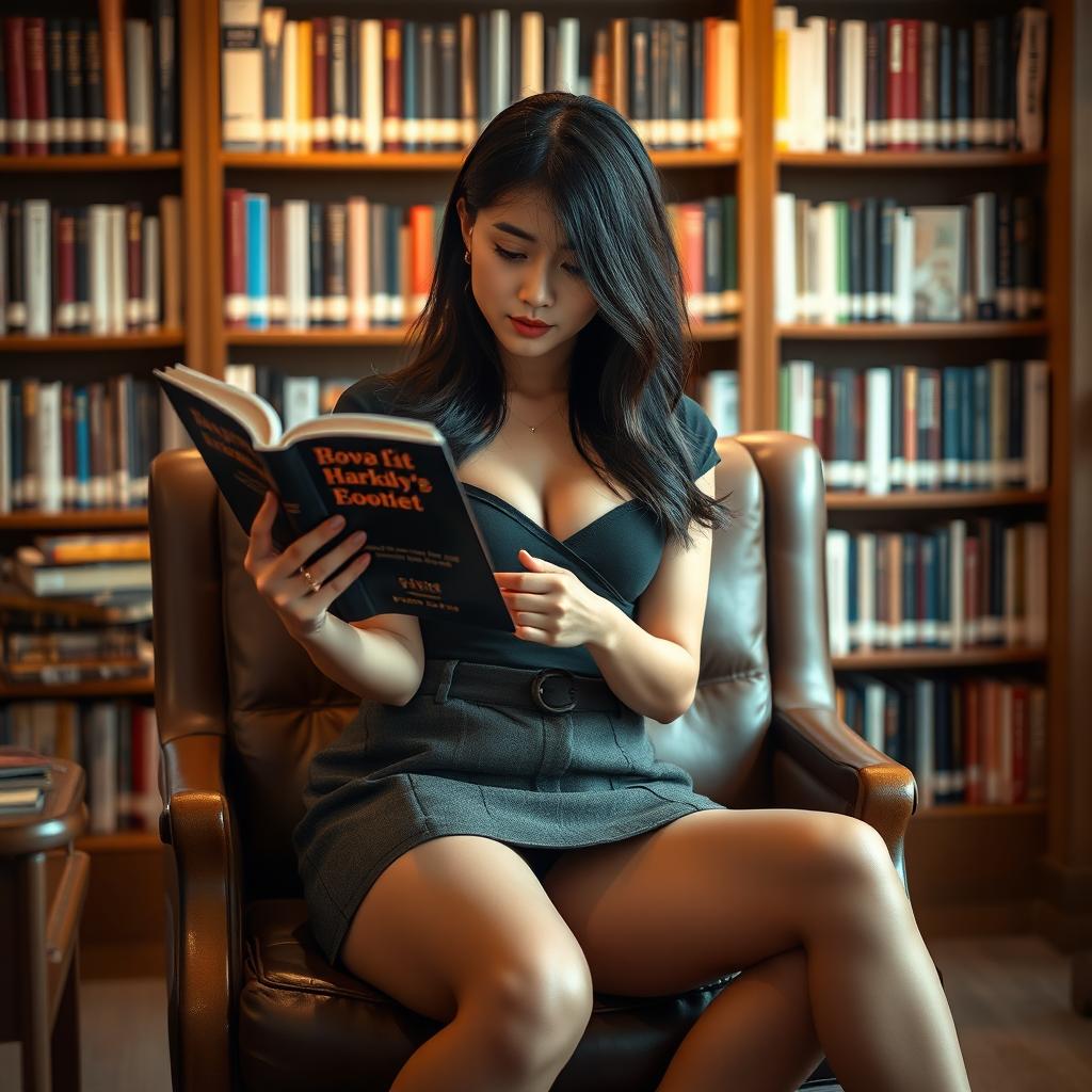 A beautiful Asian woman in a short skirt and stylish stockings, sitting in a cozy library, deeply immersed in reading a book