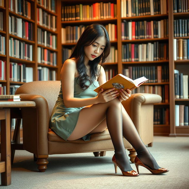 A beautiful Asian woman in a short skirt and stylish stockings, sitting in a cozy library, deeply immersed in reading a book