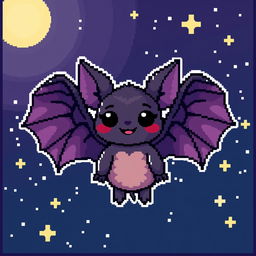 An 8-bit pixel art character designed as a bat, featuring oversized ears, a playful expression, and intricate wings that showcase a variety of shades, including deep purples and blacks