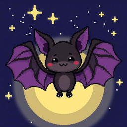 An 8-bit pixel art character designed as a bat, featuring oversized ears, a playful expression, and intricate wings that showcase a variety of shades, including deep purples and blacks