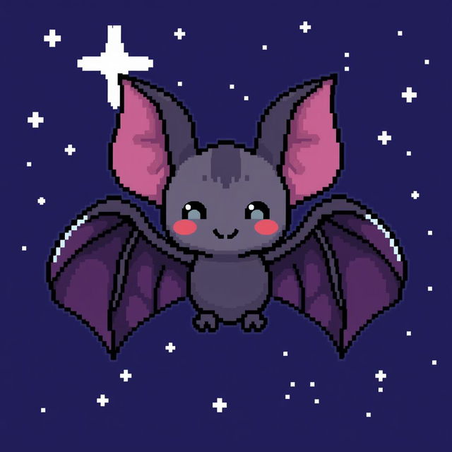 An 8-bit pixel art character designed as a bat, featuring oversized ears, a playful expression, and intricate wings that showcase a variety of shades, including deep purples and blacks