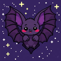 An 8-bit pixel art character designed as a bat, featuring oversized ears, a playful expression, and intricate wings that showcase a variety of shades, including deep purples and blacks