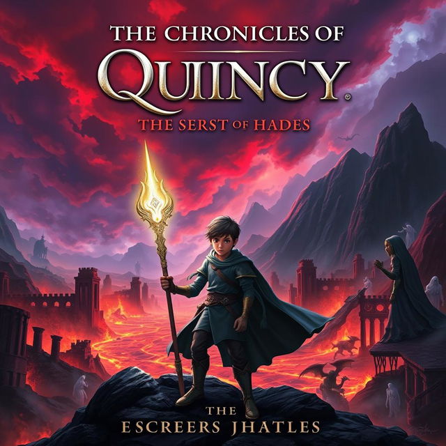 An epic fantasy book cover for 'The Chronicles of Quincy: The Secrets of Hades'