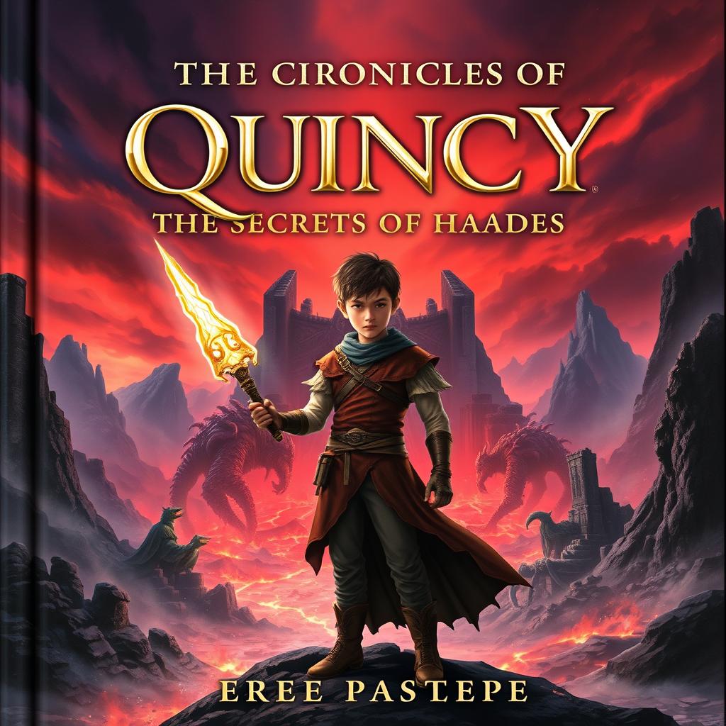 An epic fantasy book cover for 'The Chronicles of Quincy: The Secrets of Hades'