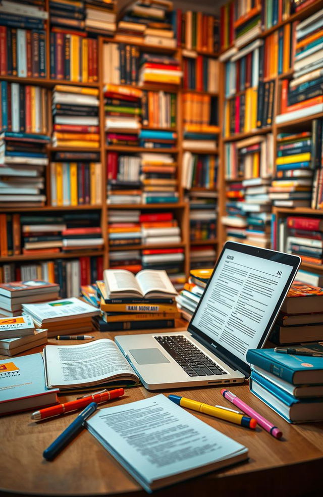 A visually captivating scene depicting a study table laden with various educational materials and books specifically related to competitive exam preparation for the UGC NET