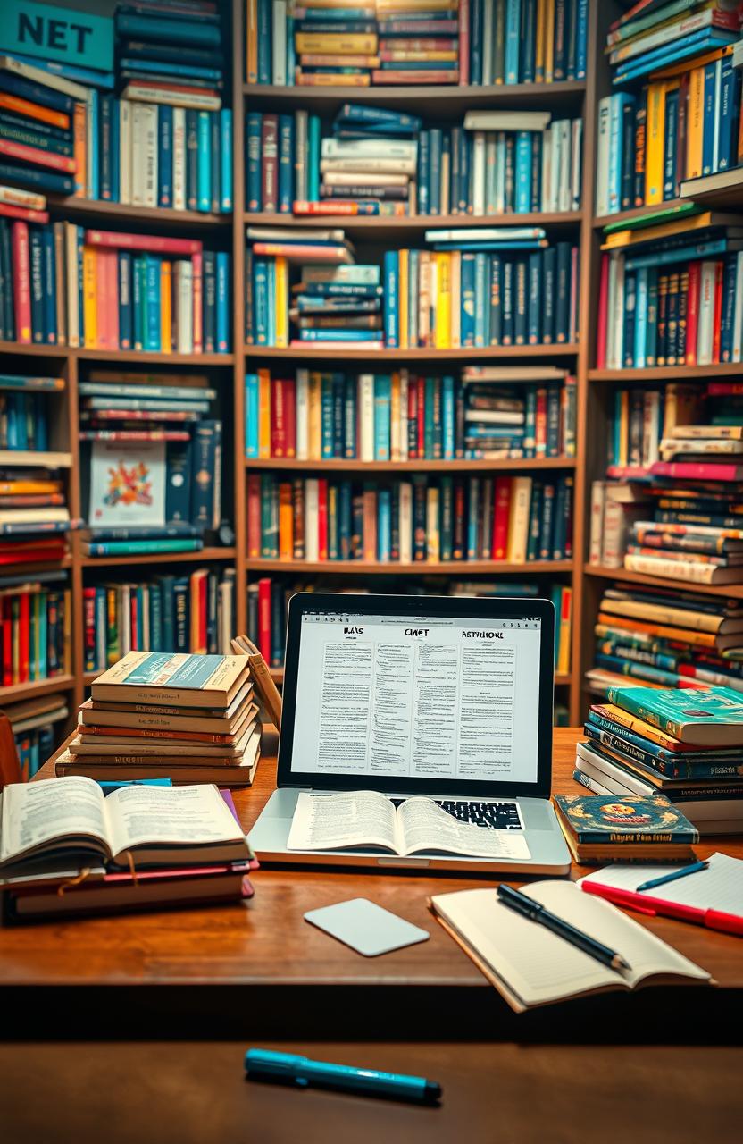 A visually captivating scene depicting a study table laden with various educational materials and books specifically related to competitive exam preparation for the UGC NET