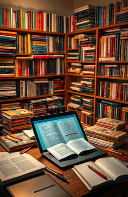 A visually captivating scene depicting a study table laden with various educational materials and books specifically related to competitive exam preparation for the UGC NET