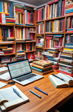 A visually captivating scene depicting a study table laden with various educational materials and books specifically related to competitive exam preparation for the UGC NET