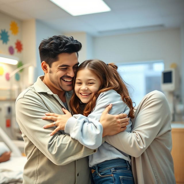 A joyful scene featuring a young dad with short black hair and a loving mom hugging their teenage daughter in a hospital setting