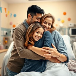 A joyful scene featuring a young dad with short black hair and a loving mom hugging their teenage daughter in a hospital setting