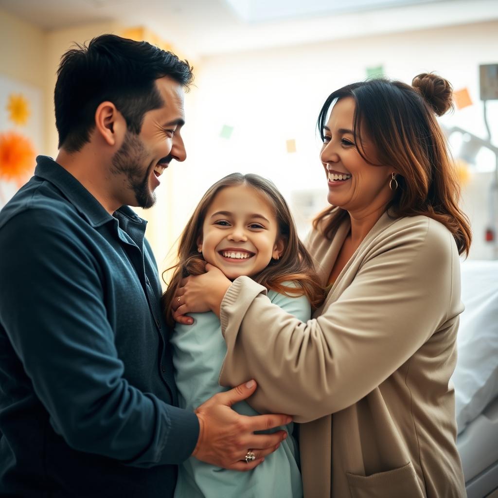 A joyful scene featuring a young dad with short black hair and a loving mom hugging their teenage daughter in a hospital setting