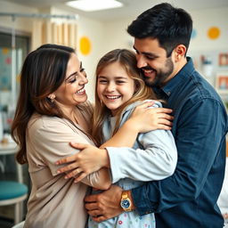 A joyful scene featuring a young dad with short black hair and a loving mom hugging their teenage daughter in a hospital setting