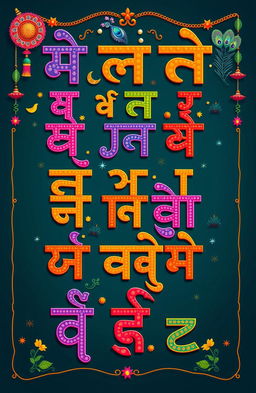 A colorful, artistic representation of the Hindi alphabet (Devanagari script), showcasing each character in a decorative and engaging manner