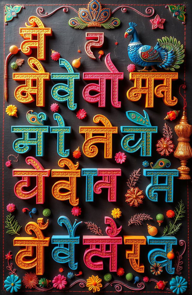 A colorful, artistic representation of the Hindi alphabet (Devanagari script), showcasing each character in a decorative and engaging manner