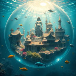 A breathtaking fantasy city contained within a giant, shimmering bubble underwater, showcasing an expansive landscape filled with gigantic, ornate homes