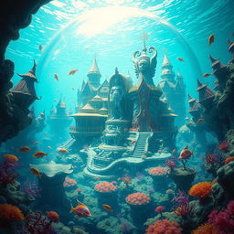 A breathtaking fantasy city contained within a giant, shimmering bubble underwater, showcasing an expansive landscape filled with gigantic, ornate homes