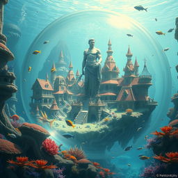 A breathtaking fantasy city contained within a giant, shimmering bubble underwater, showcasing an expansive landscape filled with gigantic, ornate homes