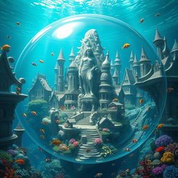 A breathtaking fantasy city contained within a giant, shimmering bubble underwater, showcasing an expansive landscape filled with gigantic, ornate homes