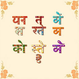 A visually appealing artistic display of the Hindi letters: अ, आ, इ, ई, क, ख, ग, घ in Devanagari script