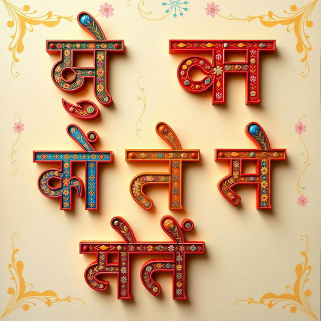 A visually appealing artistic display of the Hindi letters: अ, आ, इ, ई, क, ख, ग, घ in Devanagari script