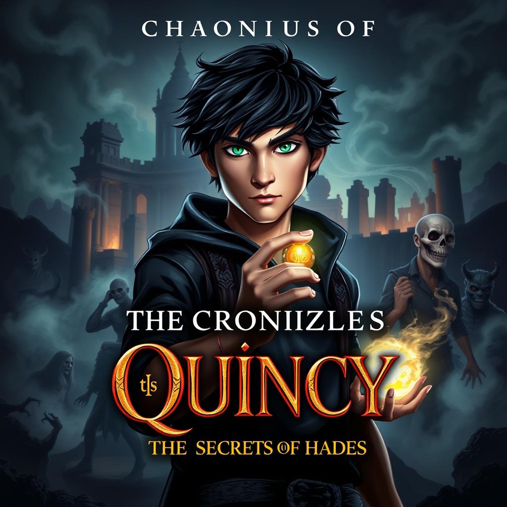 a dramatic book cover design for 'The Chronicles of Quincy: The Secrets of Hades', featuring a dark, mysterious landscape of Hades with swirling fog and shadowy figures