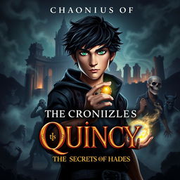 a dramatic book cover design for 'The Chronicles of Quincy: The Secrets of Hades', featuring a dark, mysterious landscape of Hades with swirling fog and shadowy figures