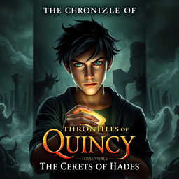 a dramatic book cover design for 'The Chronicles of Quincy: The Secrets of Hades', featuring a dark, mysterious landscape of Hades with swirling fog and shadowy figures