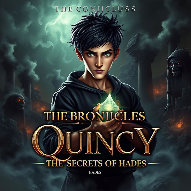 a dramatic book cover design for 'The Chronicles of Quincy: The Secrets of Hades', featuring a dark, mysterious landscape of Hades with swirling fog and shadowy figures