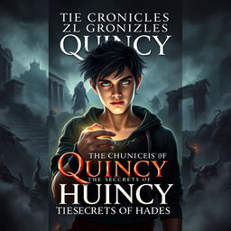a dramatic book cover design for 'The Chronicles of Quincy: The Secrets of Hades', featuring a dark, mysterious landscape of Hades with swirling fog and shadowy figures