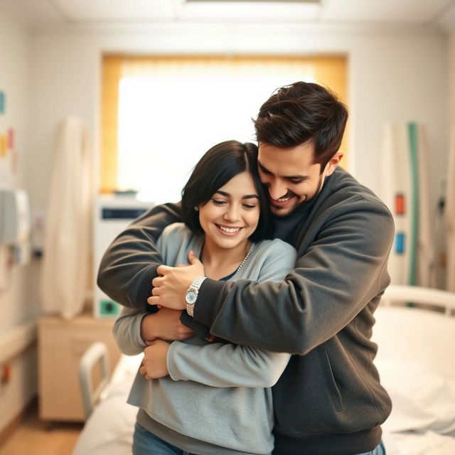 a heartwarming scene in a hospital, featuring a short black haired mother and a young dad embracing their teenage daughter