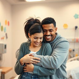 a heartwarming scene in a hospital, featuring a short black haired mother and a young dad embracing their teenage daughter