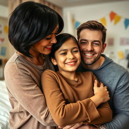 a heartwarming scene in a hospital, featuring a short black haired mother and a young dad embracing their teenage daughter