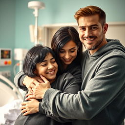 a heartwarming scene in a hospital, featuring a short black haired mother and a young dad embracing their teenage daughter