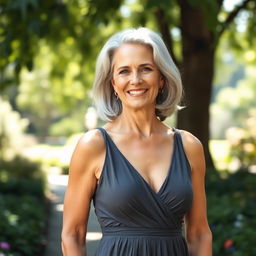A confident and elegant woman in her 50s standing in a serene outdoor garden, wearing a stylish summer dress that enhances her figure beautifully