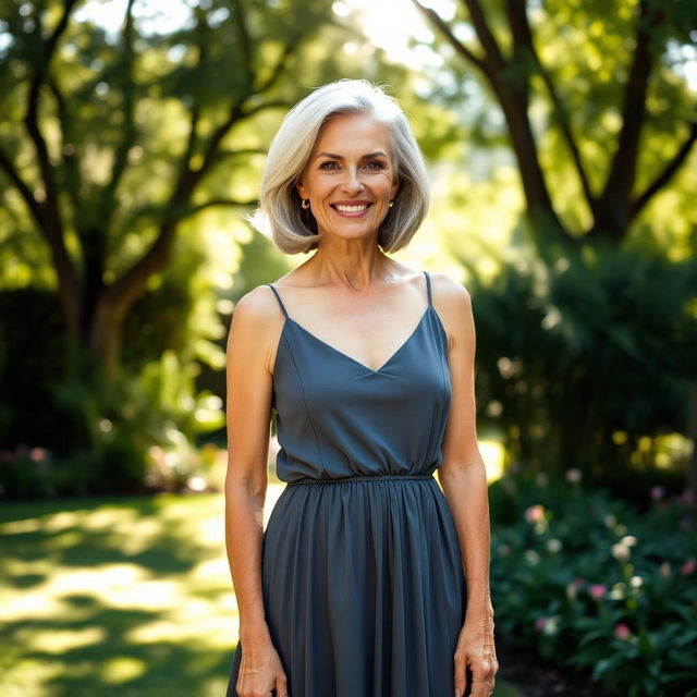 A confident and elegant woman in her 50s standing in a serene outdoor garden, wearing a stylish summer dress that enhances her figure beautifully