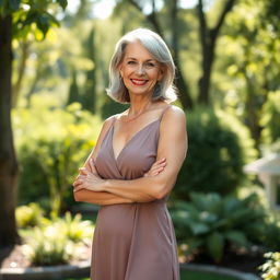 A confident and elegant woman in her 50s standing in a serene outdoor garden, wearing a stylish summer dress that enhances her figure beautifully