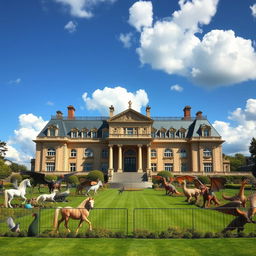 A stunningly large and opulent mansion set on an expansive front yard, featuring beautifully landscaped gardens