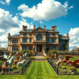 A stunningly large and opulent mansion set on an expansive front yard, featuring beautifully landscaped gardens