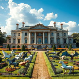 A stunningly large and opulent mansion set on an expansive front yard, featuring beautifully landscaped gardens