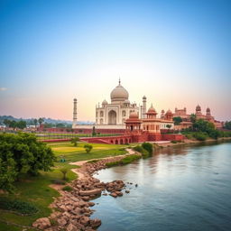 A breathtaking landscape image featuring the Taj Mahal, a beautiful Hindu temple, and the serene Ganga River